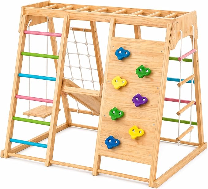 Avenlur Premium Wooden Indoor Climbing Gym for Kids – Montessori Playset with Climbing Wall, Ladder, Rope Net & Swing – Solid Natural Wood Toddler Playground, Ages 1–6