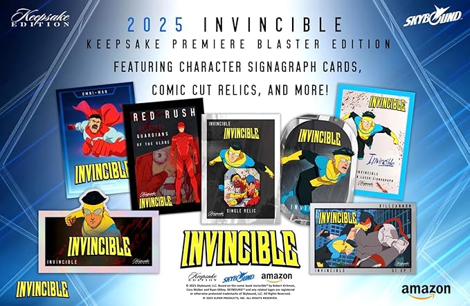 2025 Invincible Season 1 Keepsake Premiere Blaster: 8 Packs Per Box, One Guaranteed Relic, Chase Rare Autos and Patches
