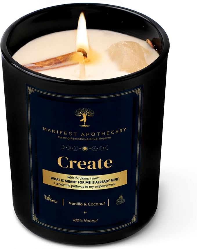 Aromatherapy Scented Candle for Creativity & Inspiration – Hand-Poured Soy Candle Infused with Vanilla, Coconut, Cinnamon & Rose Quartz Crystals – 50 Hrs Burn Time & 10.5 Oz – Ideal Birthday Gift