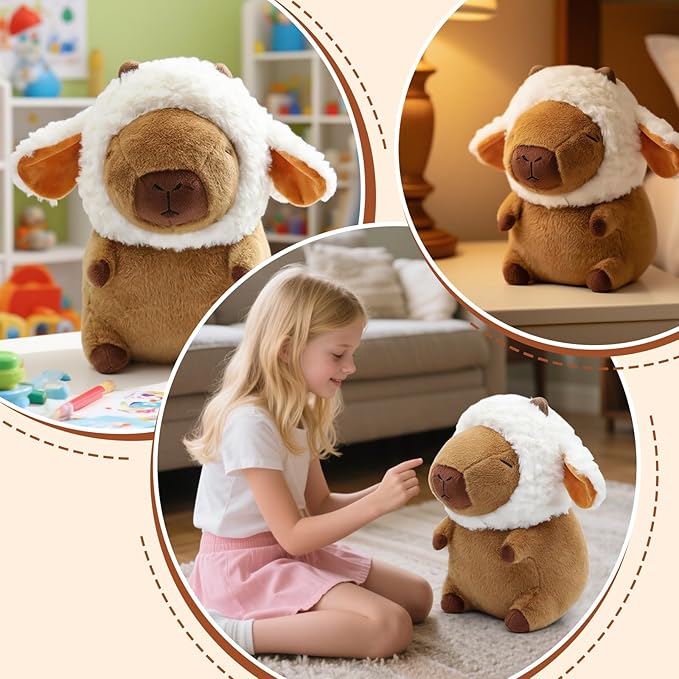 Capybara Plush, Cute Capybara Plush Toy Wear Removable Lamb Hat, Kawaii Soft Capybara Plushie Pillow, 14 inch Capybara Stuffed Animal Hugging Plushy Gifts for Kids Adults (Medium)