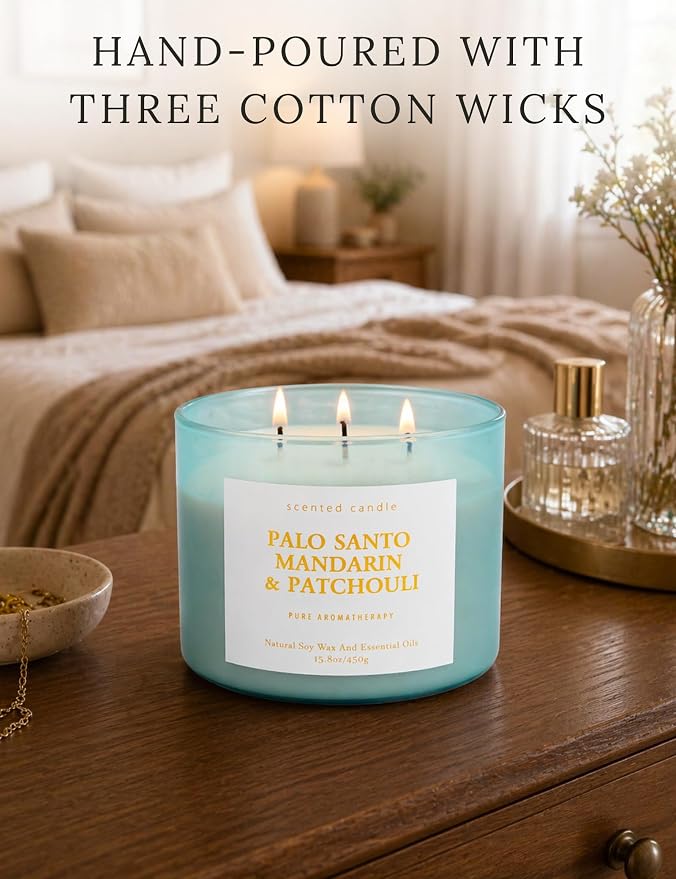 Palo Santo Mandarin Patchouli 3-Wick Soy Candle | 15.8 oz Calming Aromatherapy Candle for Home | Clean Burn Long Lasting | Warm Wood Citrus Scent | Stress Relief Candle Gift for Women & Men