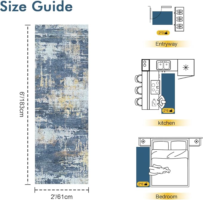 2x6 Ft Washable Runner Rug, Non-Slip Low Pile Hallway Kitchen Area Rug, Soft Long Entryway Floor Mat Abstract Pattern Carpet for Bedside & High-Traffic Areas (Blue/Gold)