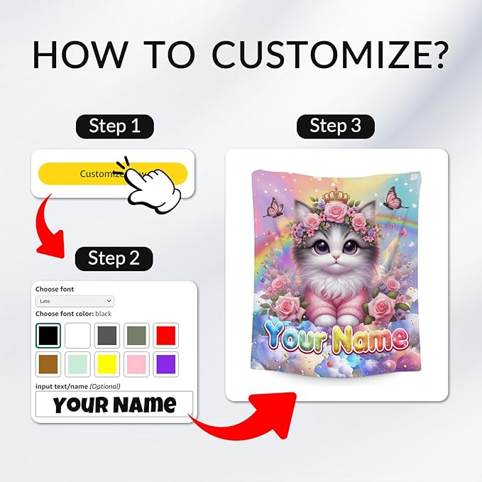 Kids Blankets - Personalized Blanket with Cat - 4 Sizes Cozy Soft Flannel Throw Gifts for Couch, Bedroom