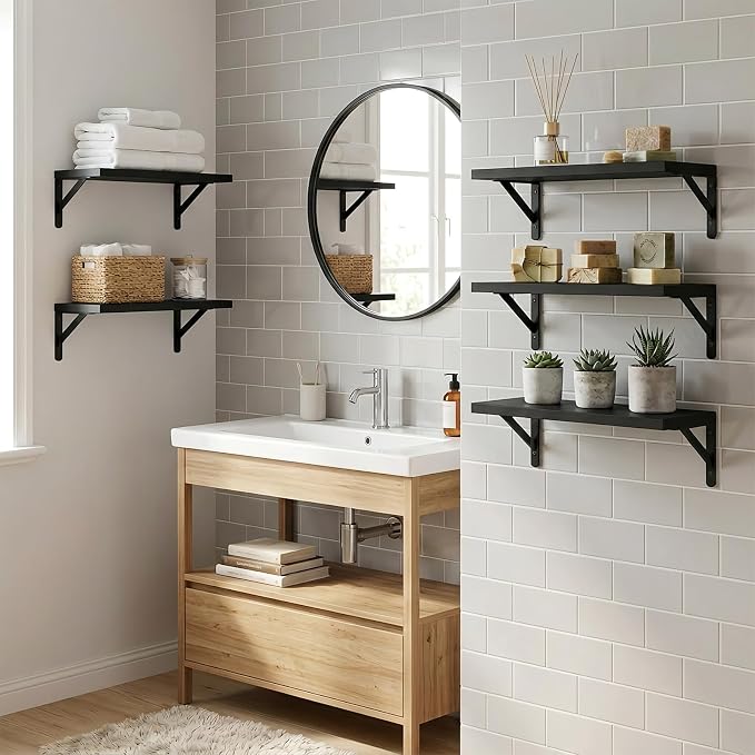 Fixwal Floating Shelves for Wall, Wood Wall Mounted Shelves for Bedroom, Bathroom, Living Room, Kitchen Storage and Decor(Black, Set of 5, 16.5 Inch)