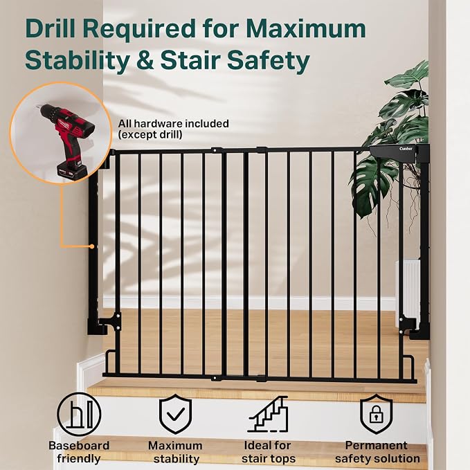 Cumbor 29.2–43" Baby Gate for Stairs, Hardware Mounted (Drill Required), Expandable No Bottom Bar Dog Gate, Auto Close Extra Wide Walk Thru, Pet & Toddler Proof Gate, Top & Bottom of Stairways(Black)