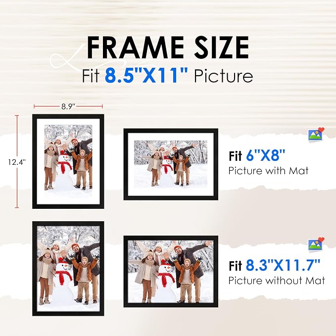 FIXSMITH A4 Picture Frame Set of 4, Photo Frame with HD Plexiglass, Display Pictures 6x8 with Mat or 8.3x11.7 Without Mat, Black Picture Frames Collage Wall Decor, Gallary Wall Frame