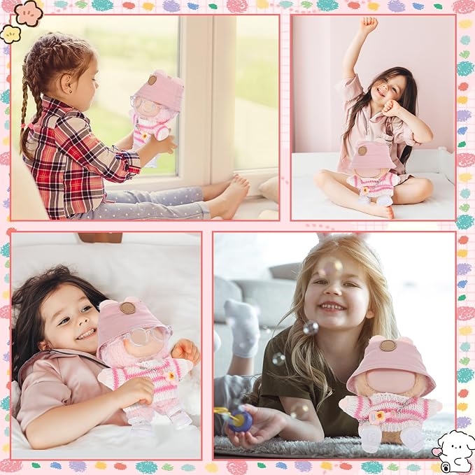 5 Pcs Stylish Set for 17cm Dolls with Fashion Hat, Guitar, Transparent Glasses, Shoes and Sweater Outfit Set, Cute Doll Style Accessories Gift (Sweet, Pink)