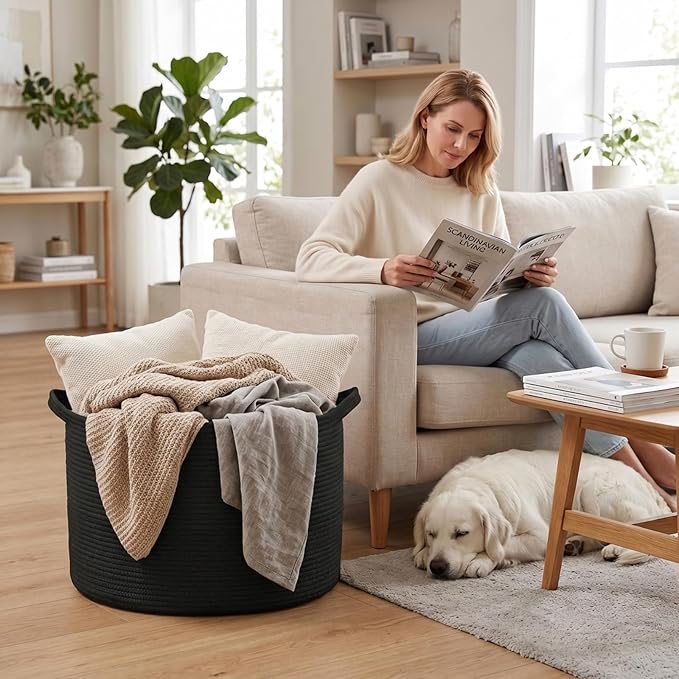 90L Extra Large Blanket Basket,Woven Rope Laundry Basket-Black | Collapsible, reinforced handles, nursery storage bin organizes clothes, toys and pillows for living room, bedroom bathroom