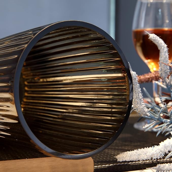 Small Cylinder Ribbed Brown Glass Flower Vase for Farmhouse Dining Table Centerpieces Decor