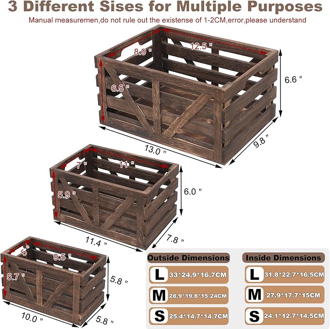 Nested Wooden Storage Crates Set of 3 (L,M,S),Rustic Wood Crate for Storage | Farmhouse Handmade Decorative Boxes with Handles for Home Organization & Display