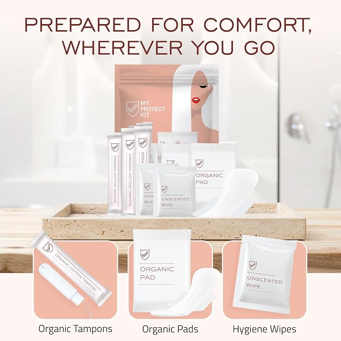 MY PROTECT KIT Feminine Care Kit - 11 Pieces First Period Kit, Compact Hygiene Set for Women, Essentials with Organic Cotton Tampons, Organic Pads & Wipes, Pack of 1