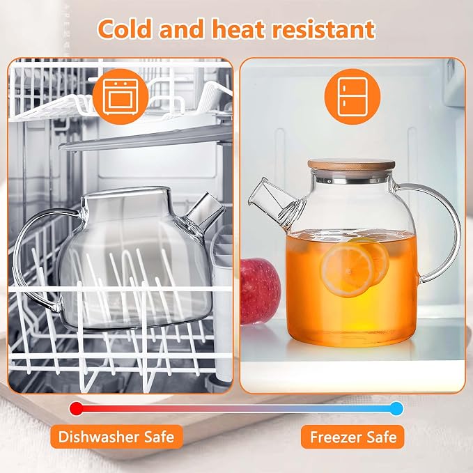 Glass Tea Pot Kettles Stovetop Safe, 33.8oz/1000ml Heatproof Borosilicate Glass Teapot Water Pitcher With Bamboo Lid and Removable Filter Spout for Loose Leaf and Blooming Tea