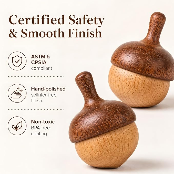 Wooden Spinning Tops Acorn Toy | 3 Pcs Wood Tops Made from Sapele and Beech Hardwood with Cotton Drawstring Storage Bag | Smooth & Safe for Toddlers Skill Play and Travel, Gift-Ready