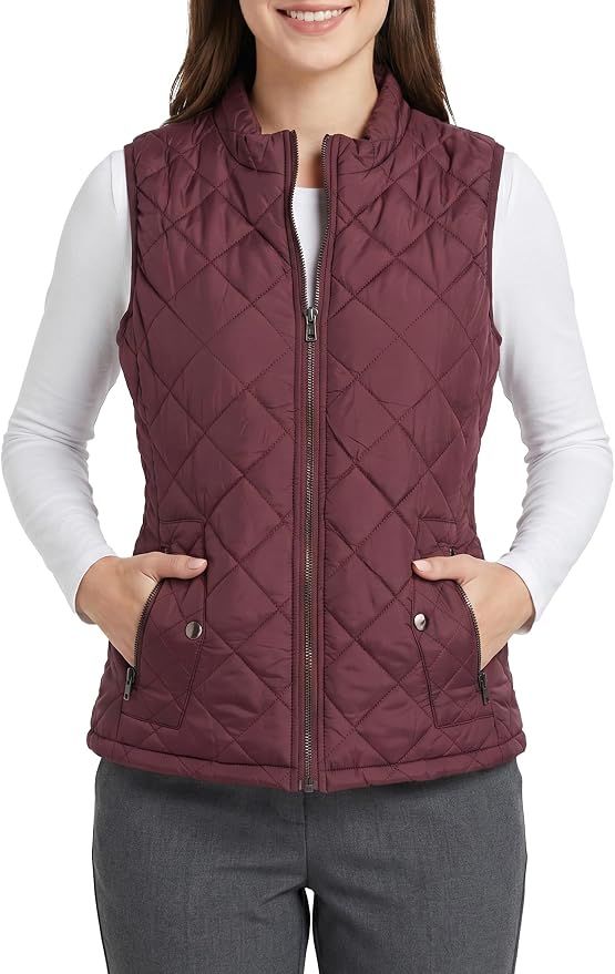 Fuinloth Women's Quilted Vest Lightweight Puffer Stand Collar Zip Gilet | 4 pockets with 2 inner storage. Quilted padded warm gilet. Fall winter outerwear layering vest for travel hiking daily wear.