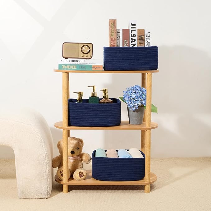 MiniArk Small Storage Baskets for Organizing | Closet Organizer Bins | Shelf Toy Basket | Woven Rope Baskets | Cube Decorative Box | Shallow Basket | 13x8.5x5.1” | 3 Packs Navy Blue