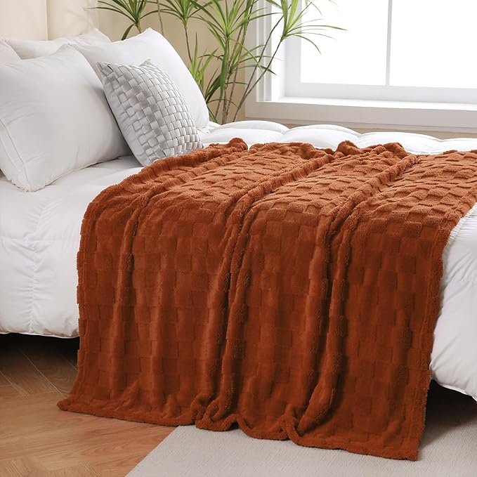 Burnt Orange Fleece Throw Blanket 50”×60”Checkered Design for Sofa | Super Soft Cozy Plush Microfiber 3D Square Pattern Flannel Blanket for Couch bed Lightweight for Adults,Women