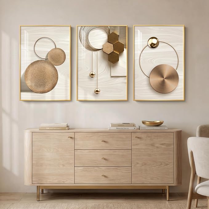 Large Framed Modern Luxury Gold Wall Art for Living Room, 3 Piece Bright Style Art Prints Paintings Artwork for Walls, Bronze Gold Geometric Pictures for Hallway Stair Office Wall Decor 20x30 In