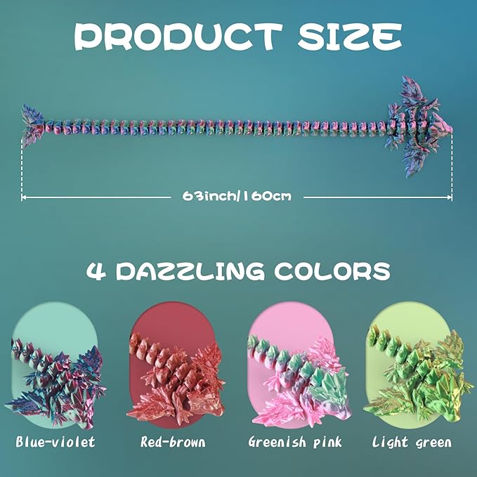 3D Printed Giant Long Dragon - Largest Size Toothless Dragon with Wings and Pangolin Features (Green Pink Gold)
