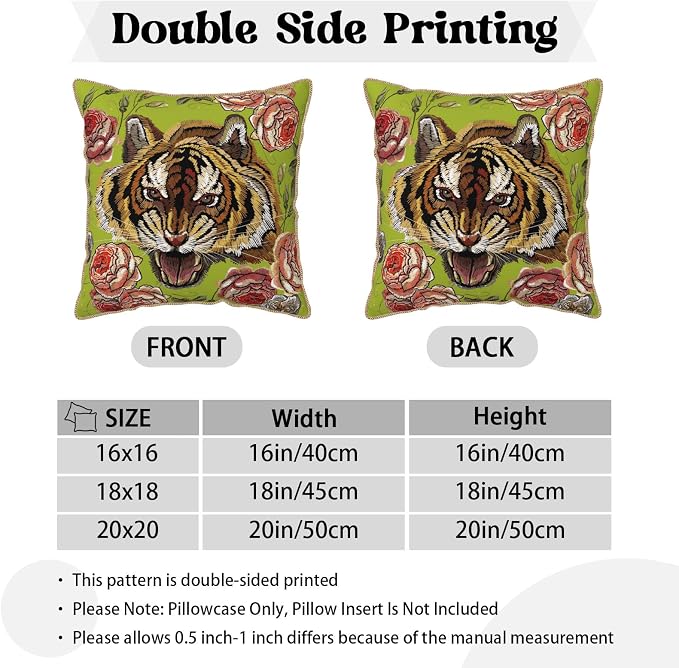 Tiger Flower Green Velvet Pillow Covers 20x20 Inch Pink Floral Animal Throw Pillows for Couch Cushion Covers Pillowcase Farmhouse Modern Pillow Cases for Sofa Bed Living Room Bedroom