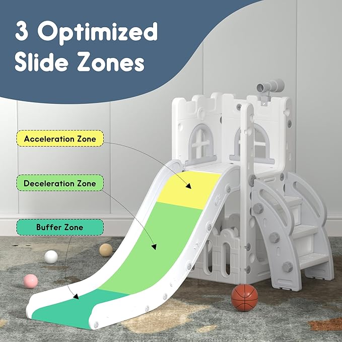 6 in 1 Toddler Slide Playset, Kids Indoor Outdoor Playground with Basketball Hoop,Storage and Telescope,Toddler Climber Slide Activity Center
