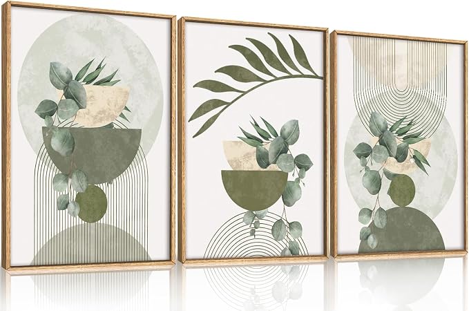 FWIEXA Sage Green Plant Canvas Wall Art Set 3, Abstract Geometric Line Botanical Framed Prints, Beige Minimalist Boho Leaf Paintings,16x24In Mid Century Modern Artwork for Living Room,Bedroom,Office
