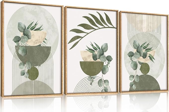 FWIEXA Sage Green Plant Canvas Wall Art Set 3, Abstract Geometric Line Botanical Framed Prints, Beige Minimalist Boho Leaf Paintings,24x36In Mid Century Modern Artwork for Living Room,Bedroom,Office