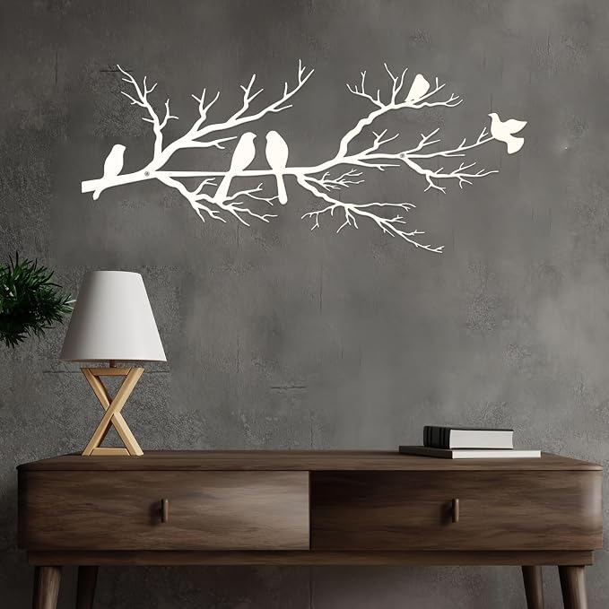 ESTART Metal Birds Wall Art, Metal Vivid Birds on Branch Silhouette Wall Decor White Leaves with Bird Outdoor Hanging Wall Sculpture for Home Living room Bedroom Balcony Garden (White, Small)