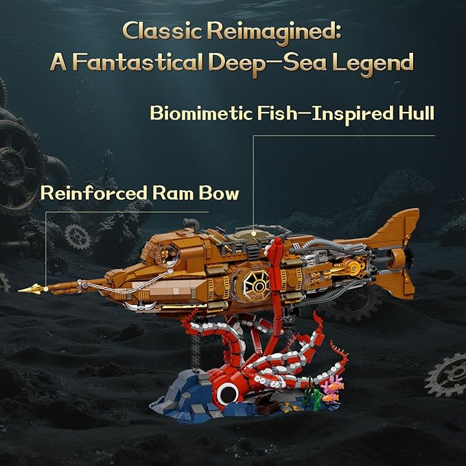 PANTASY Steampunk Nautilus Submarine Building Set, Modular 3-Section Design with Gear-Linked Propeller, Mini Boat & Undersea Adventure Scene, Retro Mechanical Collectible Model Kit for Adults