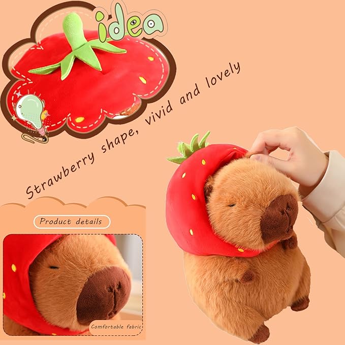 Cute Capybara Stuffed Animal with Wearable Toast Headset, Gifts for Kids (9 Inches, Strawberry Capybara)