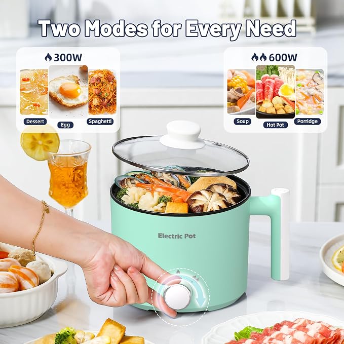 Electric Hot Pot 1.5L Nonstick Ramen Cooker for One-Person | Dual Power Setting for Hot Pot, Pasta/Soup/Oatmeal/Egg, Portable for Dorm/Travel, Overheat & Boil-Dry Protection(Green, 1.5L)