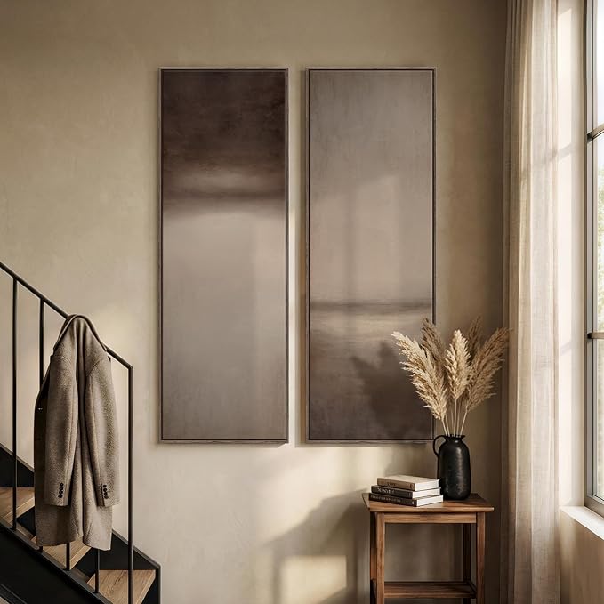 Large Framed Brown Beige Abstract Long Narrow Wall Art for Hallway, 2 Piece | Long narrow, Oversized, Canvas prints, Neutral abstract pictures, Vertical, Brown beige, Modern artwork, Entryway wall decor