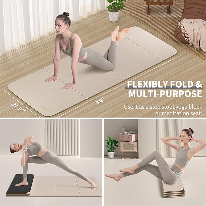 Foldable Extra Large Yoga Mat 74"×31.5", 8mm Double-Sided Non Slip Lightweight Fitness Mat for Man & Woman, Portable for Home Studio & Travel