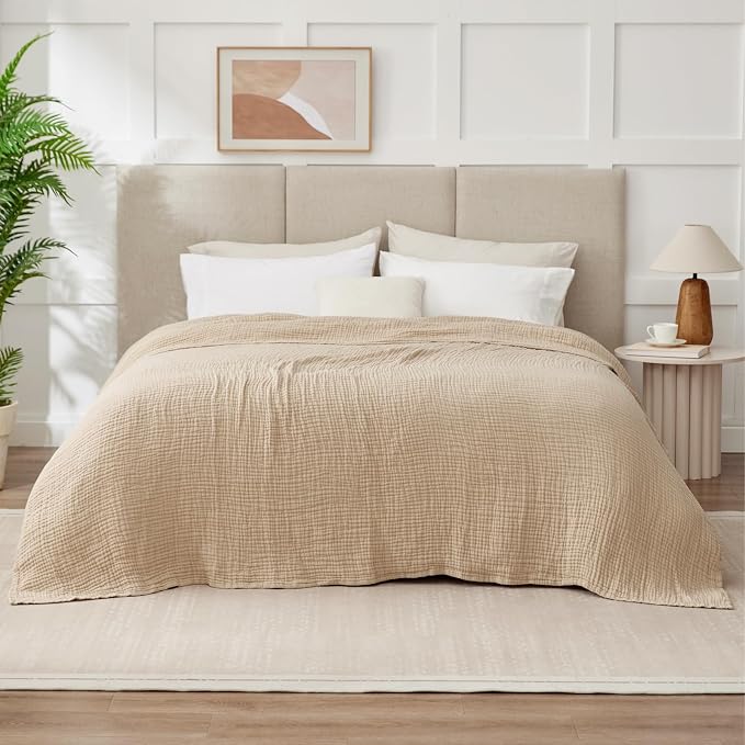 100% Cotton Muslin Blanket Queen 90" x 90", 6 Layers Breathable and Lightweight Cotton Throw Blanket for Bed, Soft Quilt Bedspread Coverlet, Gauze Blanket for Adults All Season, Beige Linen, Oatmeal