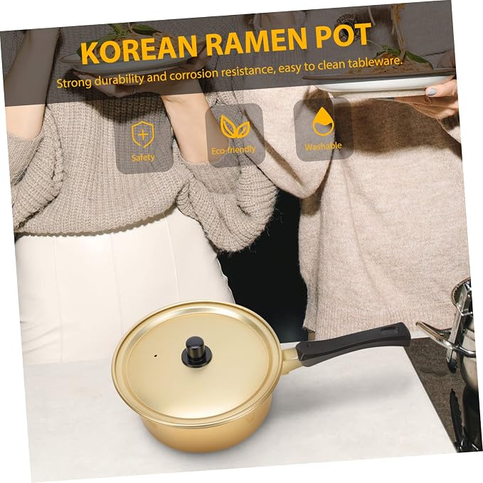 Hemobllo Golden Korean Ramen Pot Single Handle Aluminum Stockpot with Lid Thickened Noodle Stew Pot for Home Cooking Fast Heating for Soup and Daily Meals