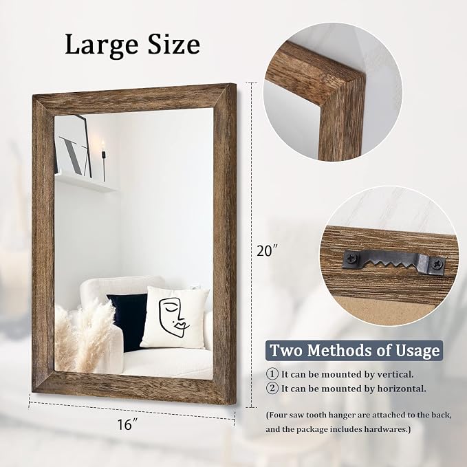 AAZZKANG Rustic Wood Mirror Rectangle Decorative Wall Mirrors with Frame Large 20"x16"for Bedroom Living Room Bathroom Entryway Hanging Brown | Decorative 20"x16" for Bedroom Living Room Bathroom Entryway Hanging Brown