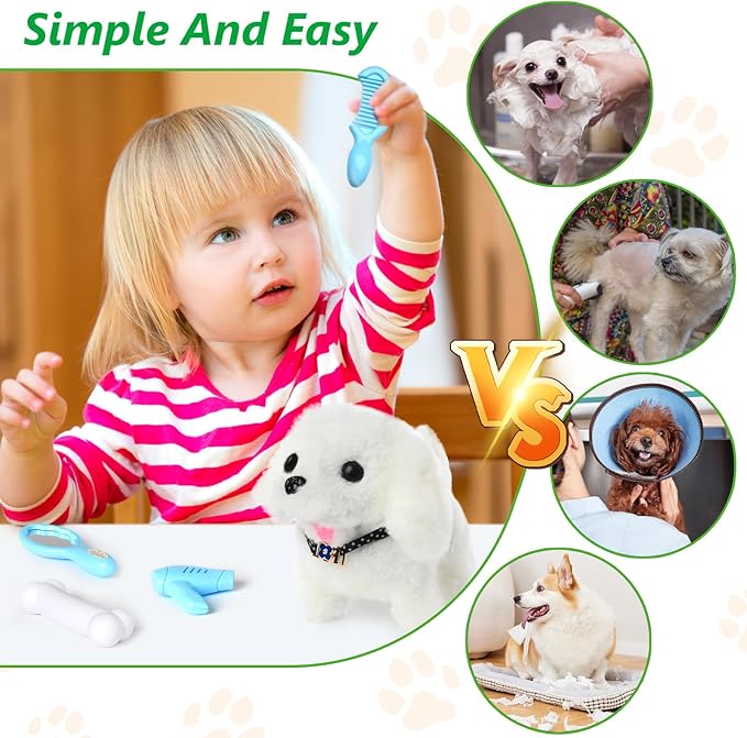 Electronic Interactive Plush Puppy - Battery Operated Mechanical Walking Little Pet Dog with a Cute Bag, Barking, Tail Wagging, Stretching Companion Animal for Toddlers & Kids (White)
