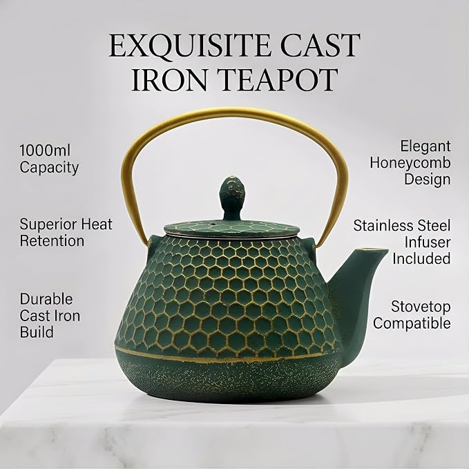 Cast Iron Tea Kettle, Japanese Tetsubin Teapot Coated with Enameled Interior, Durable Cast Iron Teapot with Stainless Steel Infuser for Stovetop Safe(1000ml/34oz)