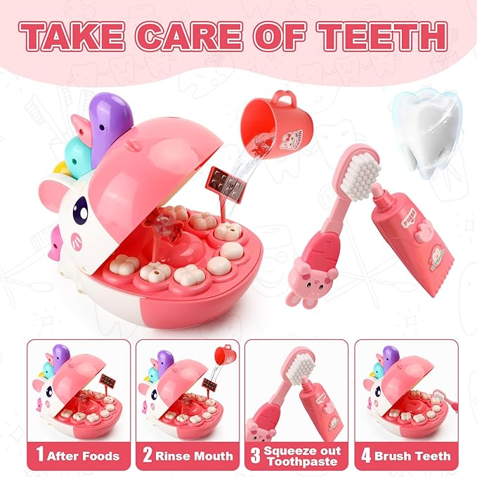 ORANGE OCEAN 34 PCS Dentist Play Set for Girls Kids, Pretend Play Doctor Kit for Kids Toddlers Ages 2-4 3-5, Kid Dentist Play Doctor Set with Light & Sound, Toys Gifts for 3 4 5 Year Old Girls Boys