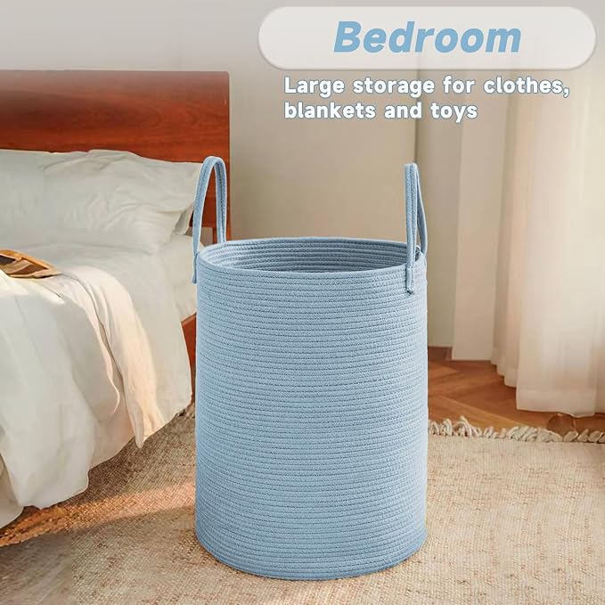JMvicyroam 80L Cotton Rope Laundry Basket Hamper, Blue | Collapsible laundry basket, reinforced handles, freestanding, machine washable, holds 3-5 thick blankets, clothes or toys