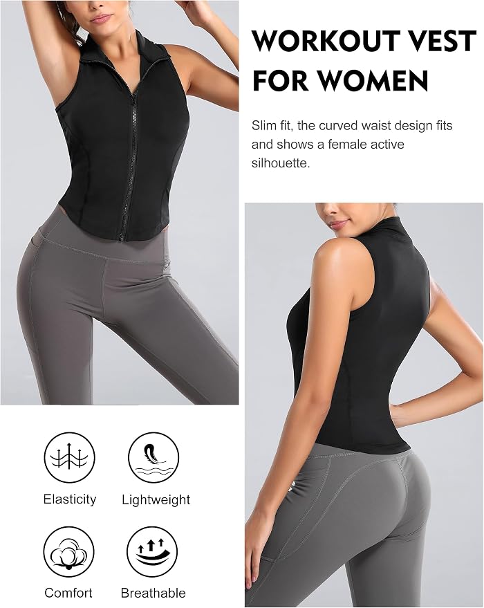 Flygo Women's Full Zip Sleeveless Workout Yoga Active Jacket Vest Golf Shirts