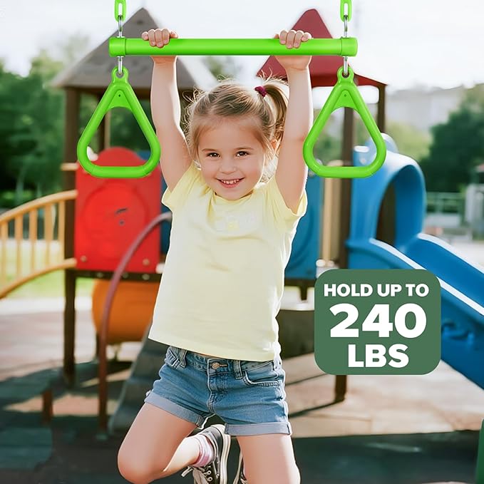 LadyRosian 17" Trapeze Bar Swing Set Gym Rings 47" Heavy Duty Chain Swing Set Accessories with Locking Carabiners Plastic Coated Chains Monkey Bars for Backyard, Playroom (Apple Green)