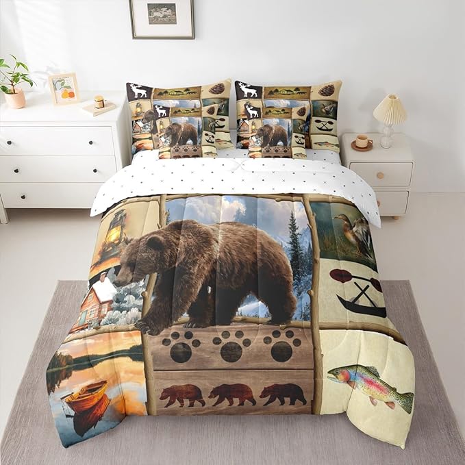 Feelyou Rustic Farmhouse Bear King Comforter Set with Sheets for Kids Boys Girls Hunting Wild Animal 7 Pieces Bedding Set Patchwork Cabin Lodge Bed in a Bag Room Decor Soft Microfiber