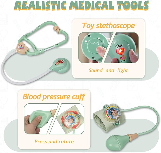 Liberry Doctor Kit for Toddlers 3 4 5 Years Old, 30-Piece Kid Doctor Toy with Stethoscope, Costume, Green Medical Pretend Play Gift for Girls Boys