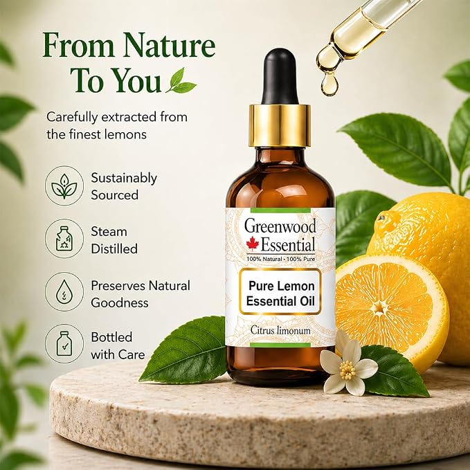 Greenwood Essential Pure Lemon Essential Oil (Citrus limonum) with Glass Dropper Steam Distilled 5ml (0.16 oz)