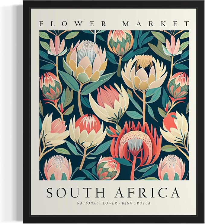 South Africa, King Protea Art Print Poster, Flower Market Wall Art, Floral Artwork Decor for Bedroom, Kitchen, Bathroom, Livingroom Decoration 52 (South Africa, King Protea, 14"L x 11"W, Black Frame)