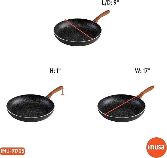 IMUSA USA 9.5" Black Stone Nonstick Fry Pan with Woodlook Handle and Speckled Nonstick Interior