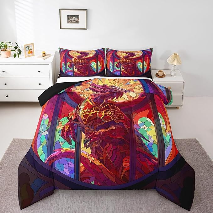 Feelyou Dragon Comforter Set Toddler Size Dragon Stuff Comforter for Boys Girls Teens Wild Life Bedding Set Dragon Decor Duvet Set Room Decor Dark Orange Quilt Set