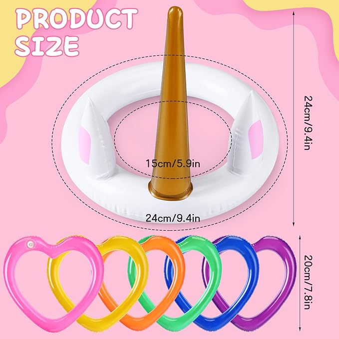 RoundFunny Unicorn Party Games with 1 Unicorn and 6 Heart Rings Inflatable Ring Toss Game Set Multicolor Toss for Party Outdoor Game Favors Birthday 1 Set