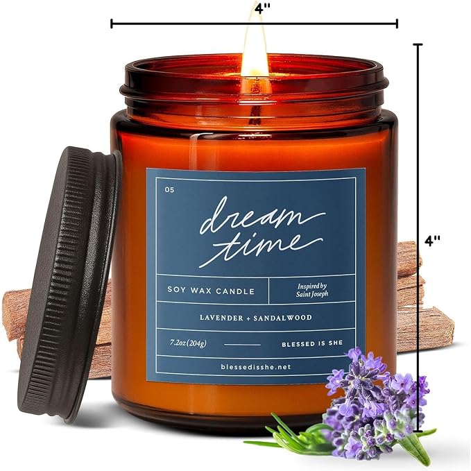 Blessed is She Dream Time 7.2 Oz Crackling Candles for Women/Men - Lavender and Sandalwood Scented Candle for Home in Reusable Glass Jar - Long Burning Soy Candles, 70-84 Hours of Cozy Ambiance