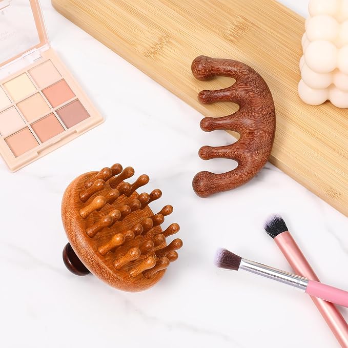 Trinkrittey 2 Pack Wooden Scalp Massager Comb Wooden Hair Brush Head Gua Sha Brush Hair Scrubber Portable Handheld Hairs Growth Tool for Women Men Hairs Growth Stress Relief Spa